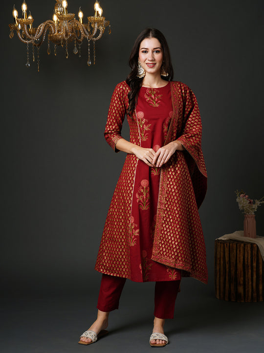 Indo Era Maroon Printed Straight Kurta Trouser With Dupatta Set