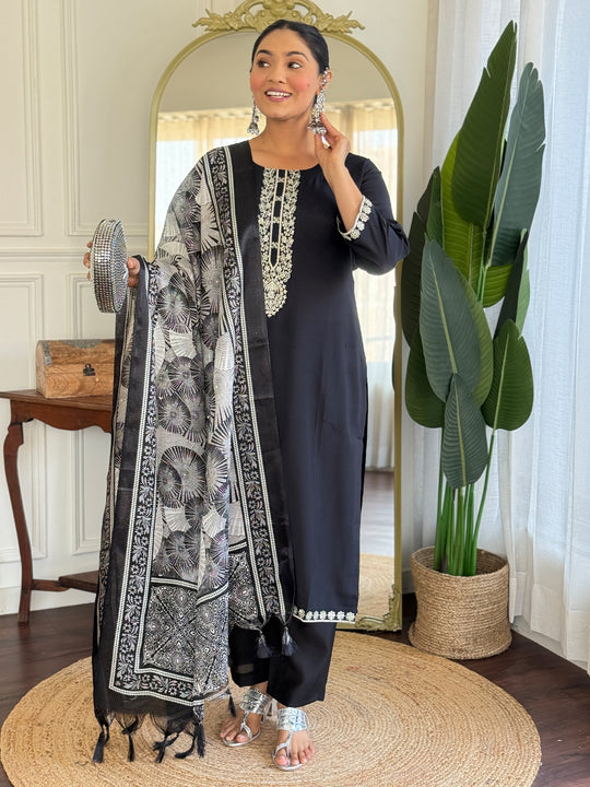 Indo Era Black Embroidered Straight Kurta Trousers With Dupatta Set