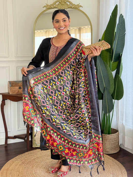 Indo Era Black Embroidered Straight Kurta Trousers With Dupatta Set