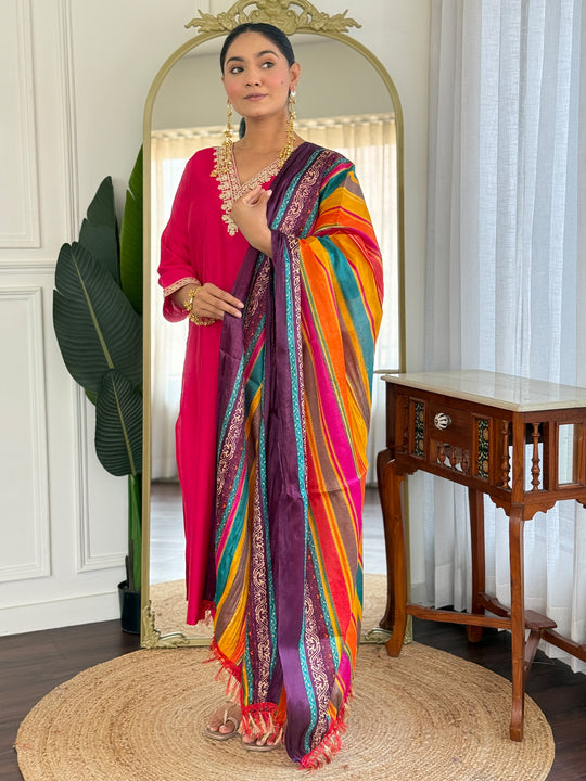 Indo Era Pink Embroidered Straight Kurta Trousers With Dupatta Set