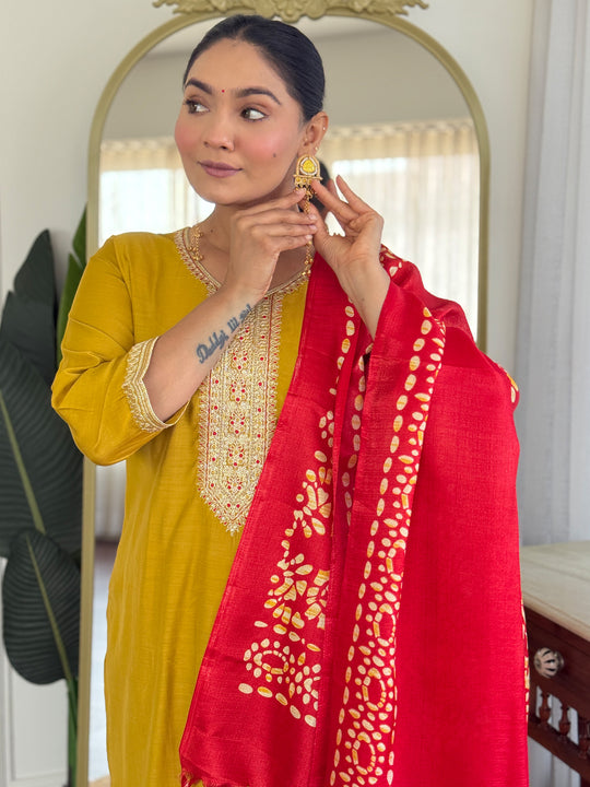 Indo Era Mustard Embroidered Straight Kurta Trousers With Dupatta Set