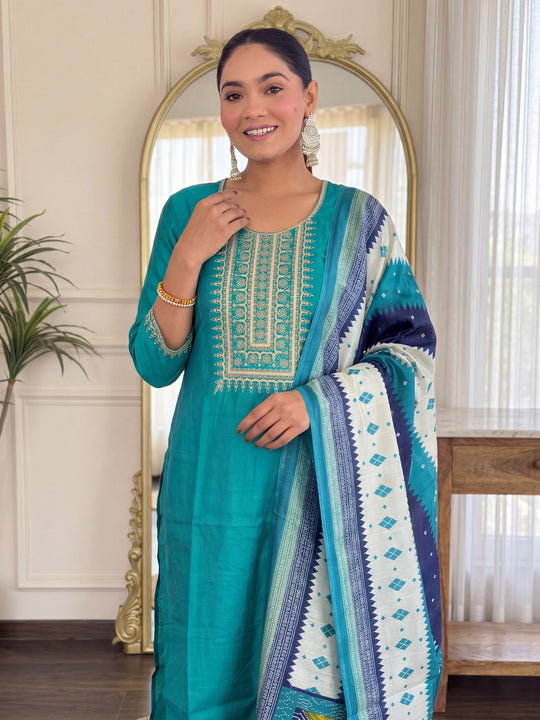 Indo Era Green Embroidered Straight Kurta Trousers With Dupatta Set