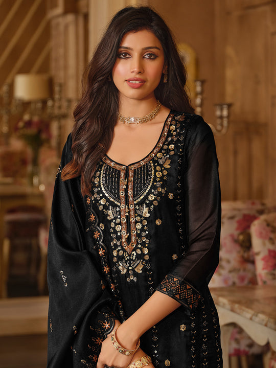 Indo Era Black Embroidered Straight Kurta Trousers With Dupatta Set