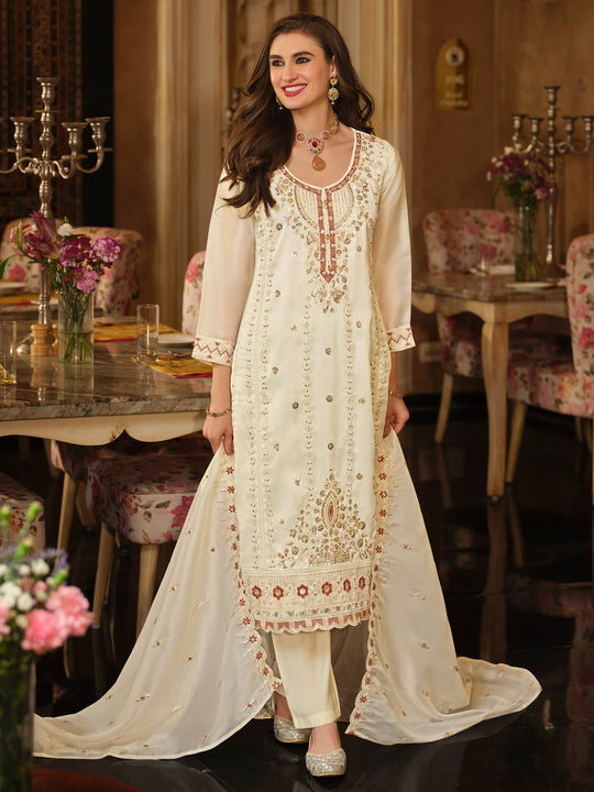 Indo Era Cream Embroidered Straight Kurta Trousers With Dupatta Set