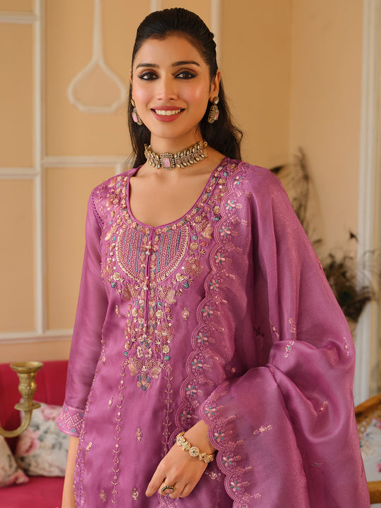 Indo Era Pink Embroidered Straight Kurta Trousers With Dupatta Set
