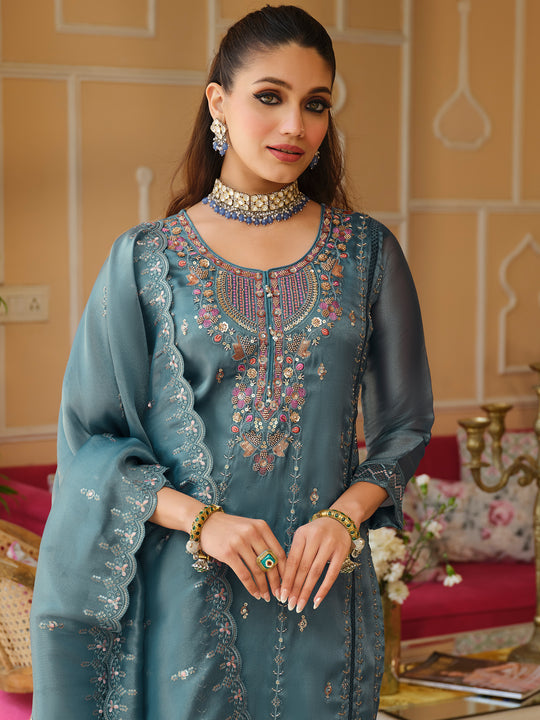 Indo Era Blue Embroidered Straight Kurta Trousers With Dupatta Set