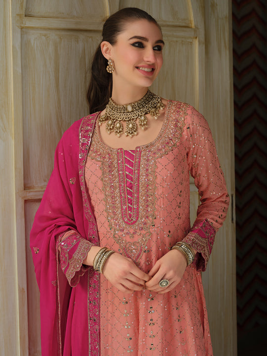 Indo Era Peach Embroidered Anarkali Kurta Trousers With Dupatta Set