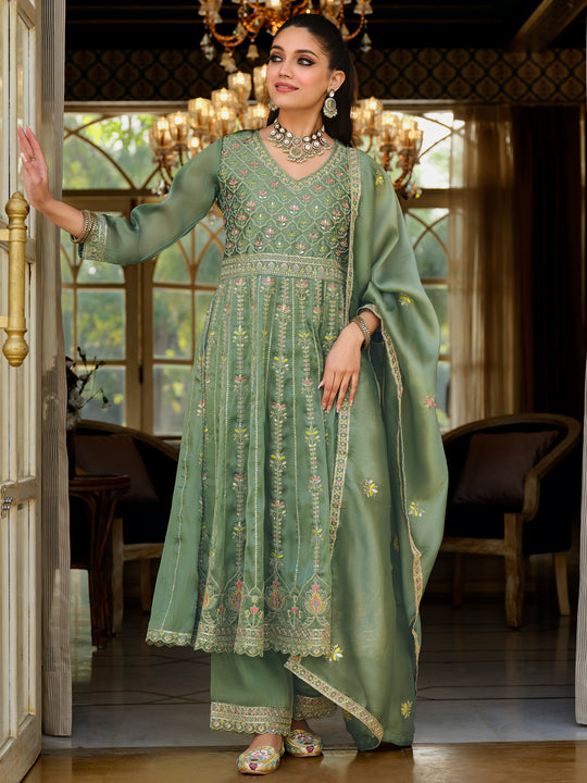 Indo Era Green Embroidered Anarkali Kurta Trousers With Dupatta Set