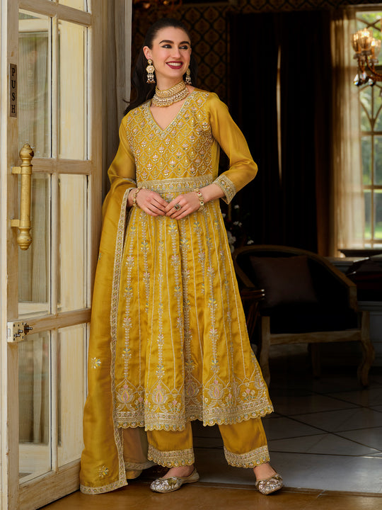 Indo Era Yellow Embroidered Anarkali Kurta Trousers With Dupatta Set
