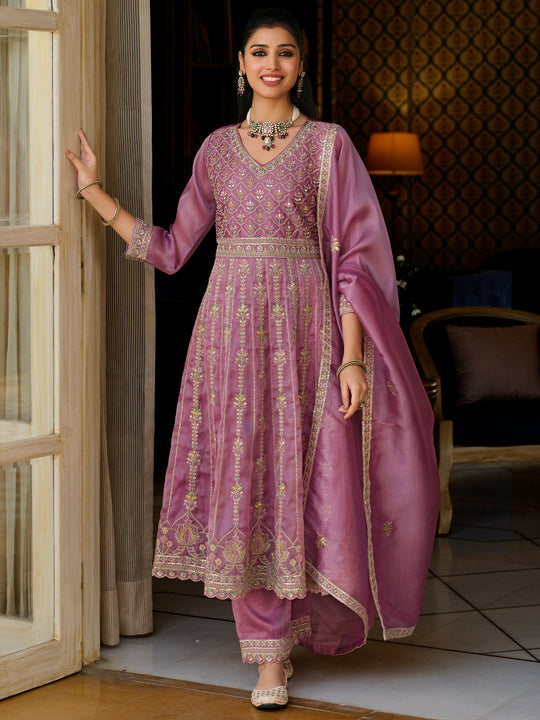 Indo Era Pink Embroidered Anarkali Kurta Trousers With Dupatta Set