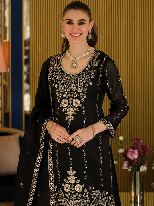 Indo Era Black Embroidered Straight Kurta Palazzos With Dupatta Set