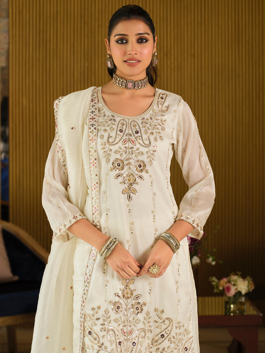 Indo Era White Embroidered Straight Kurta Palazzos With Dupatta Set