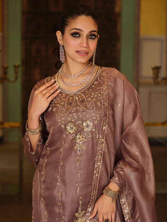 Indo Era Mauve Embroidered Straight Kurta Palazzos With Dupatta Set