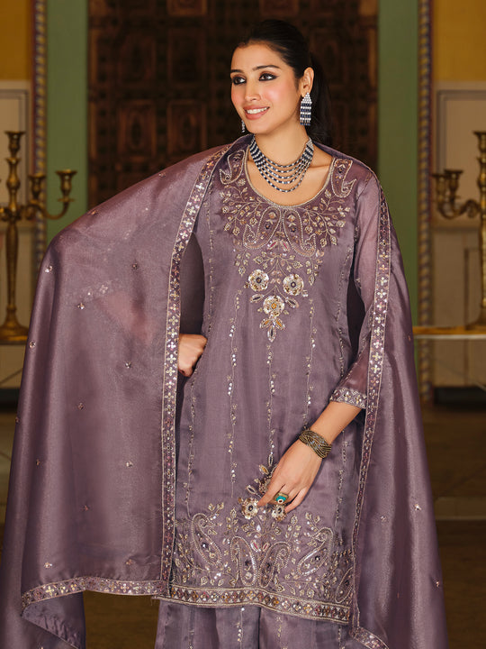 Indo Era Lavender Embroidered Straight Kurta Palazzos With Dupatta Set
