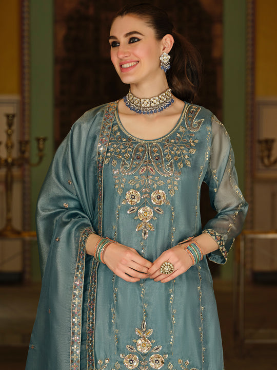 Indo Era Blue Embroidered Straight Kurta Palazzos With Dupatta Set