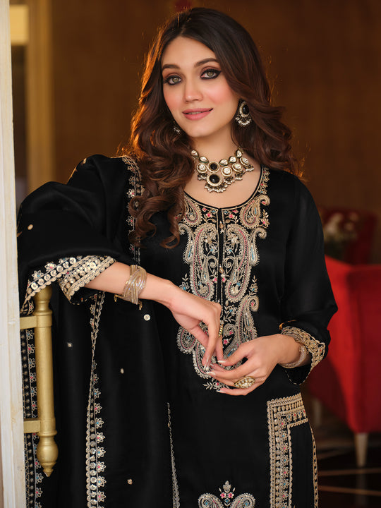 Indo Era Black Embroidered Straight Kurta Trousers With Dupatta Set
