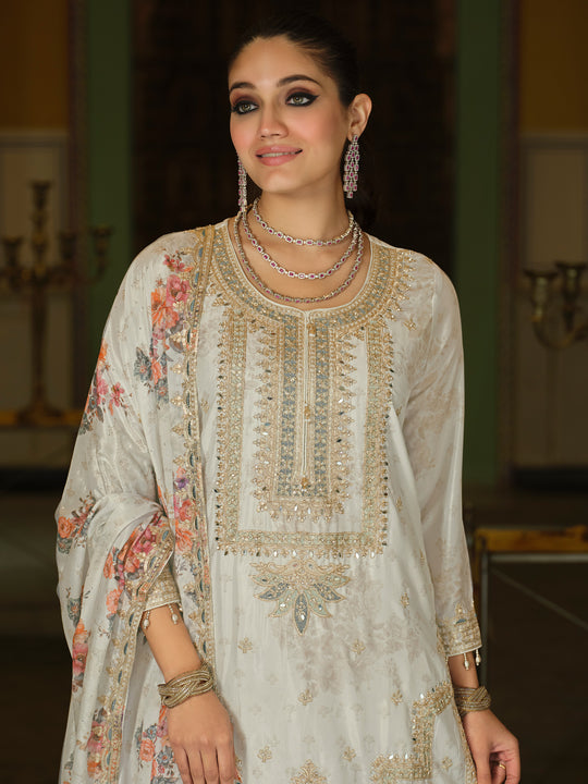 Indo Era White Embroidered Straight Kurta Palazzos With Dupatta Set