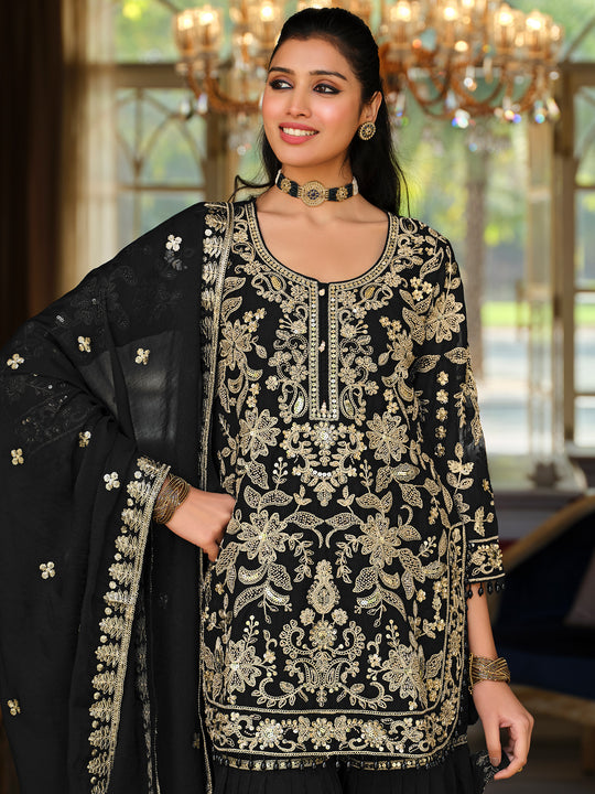 Indo Era Black Embroidered Straight Kurta Sharara With Dupatta Set