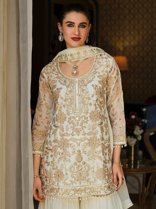 Indo Era White Embroidered Straight Kurta Sharara With Dupatta Set
