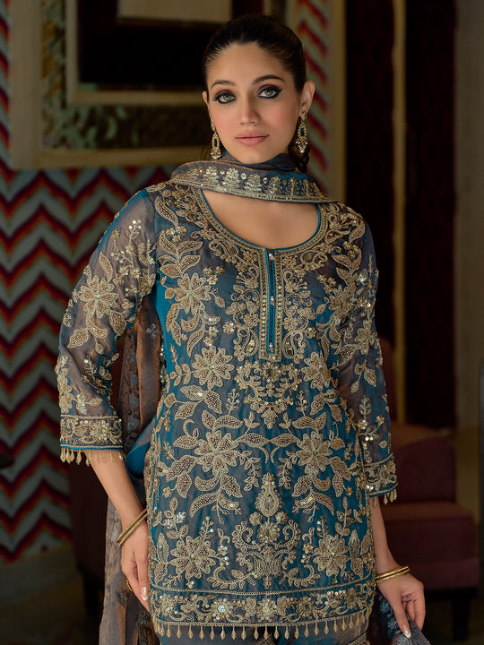 Indo Era Blue Embroidered Straight Kurta Sharara With Dupatta Set