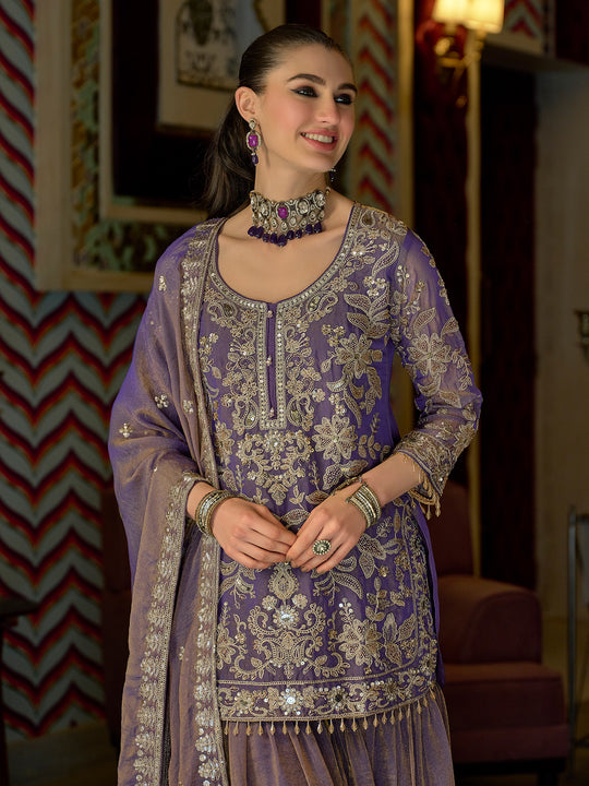 Indo Era Purple Embroidered Straight Kurta Sharara With Dupatta Set