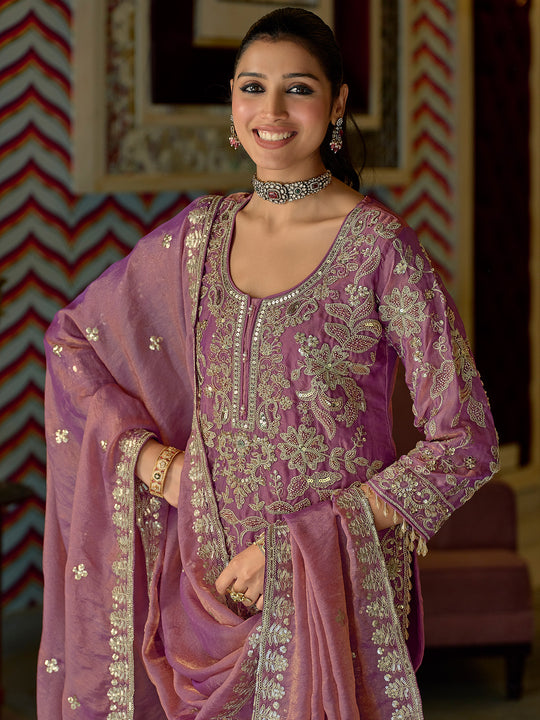 Indo Era Pink Embroidered Straight Kurta Sharara With Dupatta Set