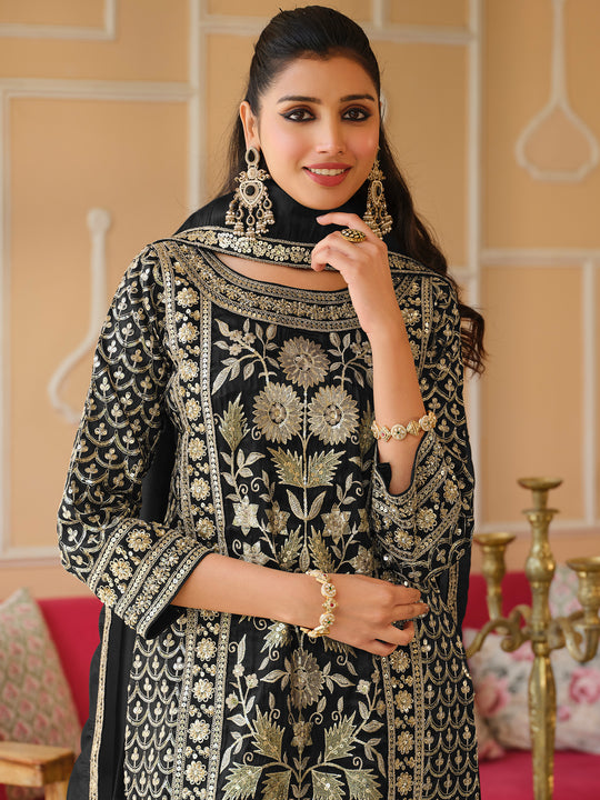 Indo Era Black Embroidered Straight Kurta Trousers With Dupatta Set