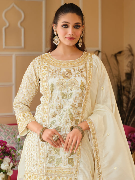 Indo Era White Embroidered Straight Kurta Trousers With Dupatta Set