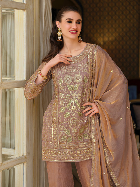 Indo Era Peach Embroidered Straight Kurta Trousers With Dupatta Set