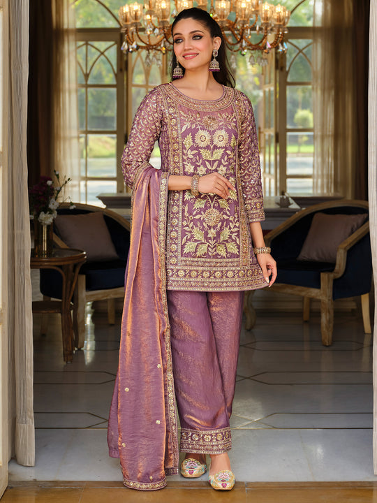 Indo Era Lavender Embroidered Straight Kurta Trousers With Dupatta Set