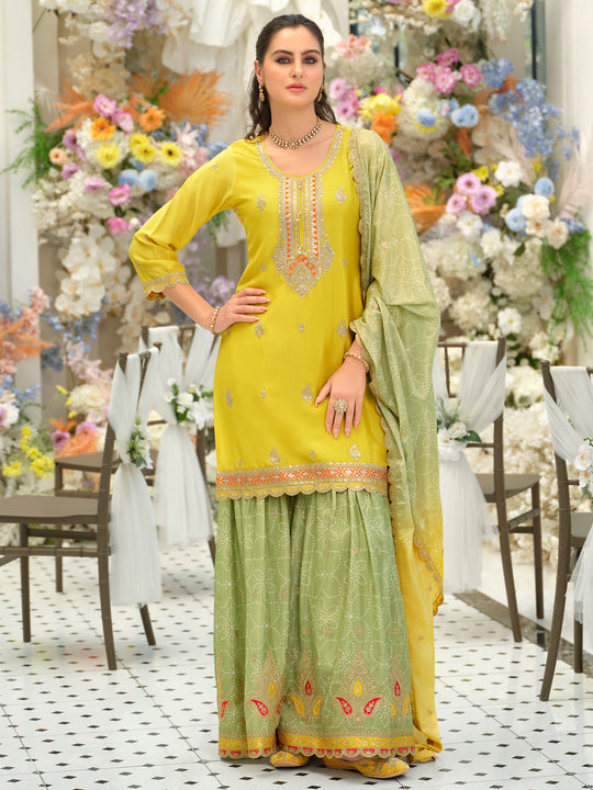 Indo Era Yellow Embroidered Straight Kurta Sharara With Dupatta Set