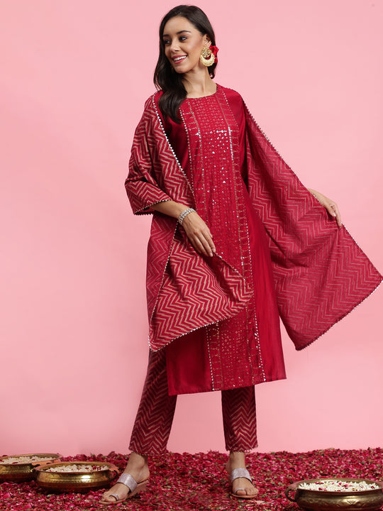 Indo Era Red Sequinned Straight Kurta Trouser With Dupatta Set