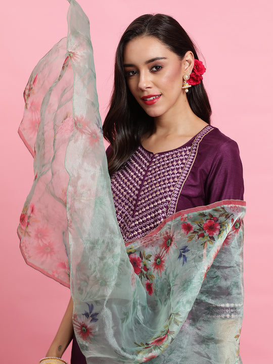 Indo Era Purple Solid Straight Kurta Trouser With Dupatta Set