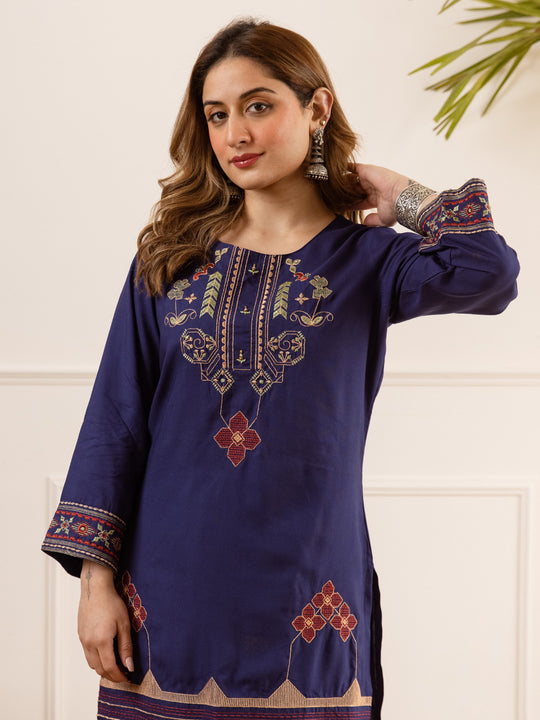 Indo Era Navy Blue Embroidered Straight Kurta Palazzos Set