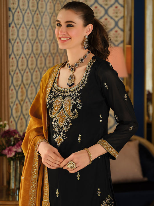 Indo Era Black Embroidered Straight Kurta Palazzos With Dupatta Set