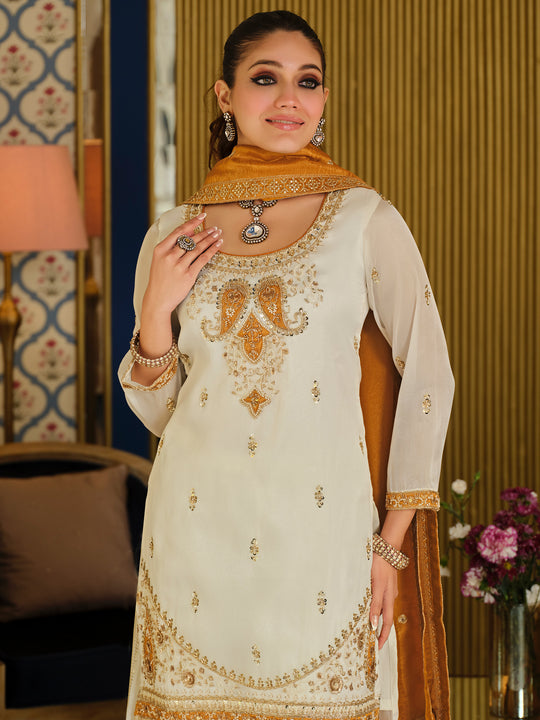 Indo Era White Embroidered Straight Kurta Palazzos With Dupatta Set