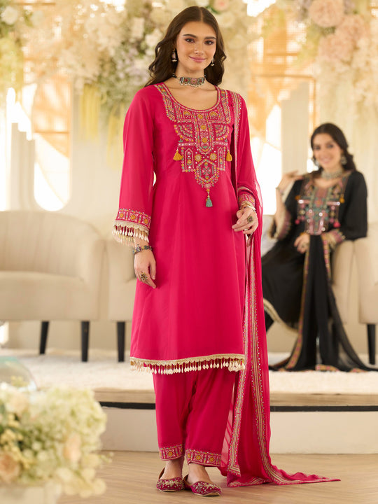 Indo Era Pink Embroidered A-Line Kurta Salwar With Dupatta Set