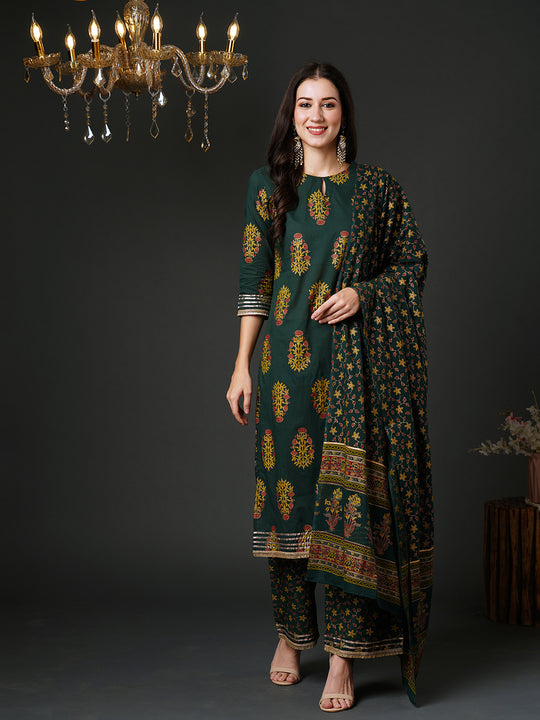Indo Era Green Printed Straight Kurta Palazzos With Dupatta Set