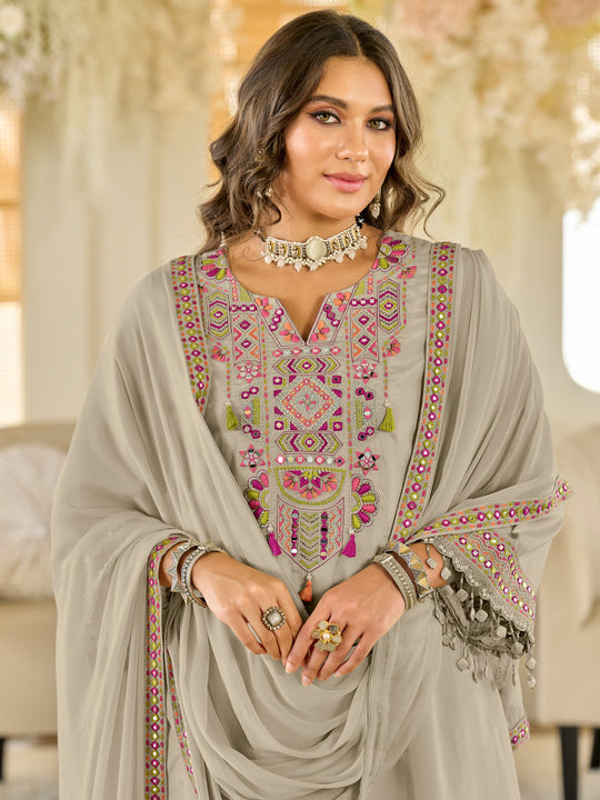 Indo Era Off White Embroidered A-Line Kurta Salwar With Dupatta Set