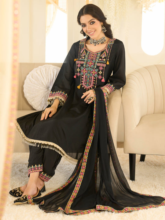 Indo Era Black Embroidered A-Line Kurta Salwar With Dupatta Set