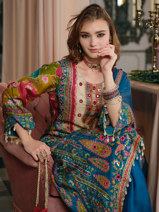 Indo Era Multi Printed A-Line Kurta Palazzos With Dupatta Set