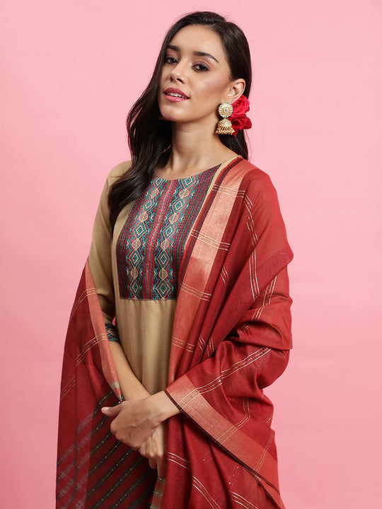 Indo Era Beige Solid Straight Kurta Palazzos With Dupatta Set