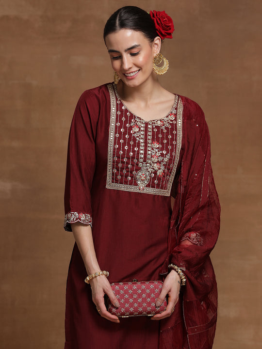 Indo Era Maroon Embroidered Straight Kurta Palazzos With Dupatta Set