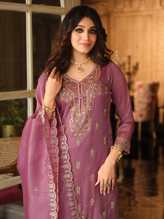 Indo Era Lavendor Embroidered Straight Kurta Trousers With Dupatta Set