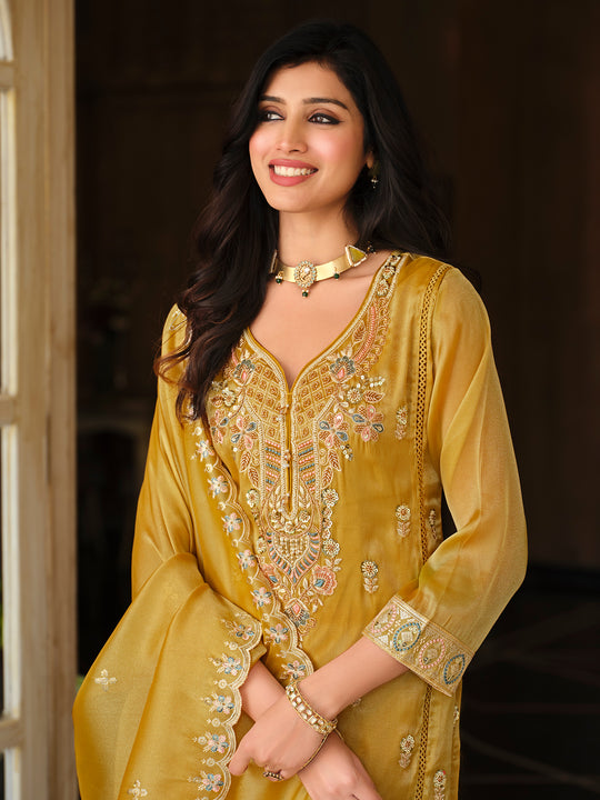 Indo Era Mustard Embroidered Straight Kurta Trousers With Dupatta Set