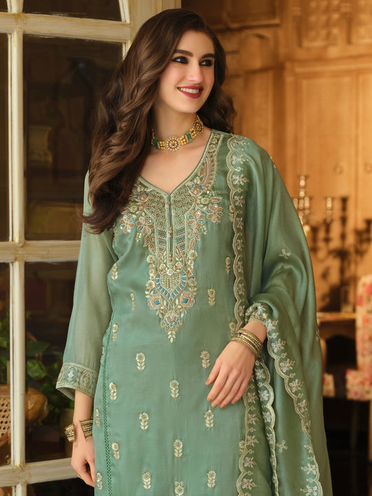 Indo Era Green Embroidered Straight Kurta Trousers With Dupatta Set