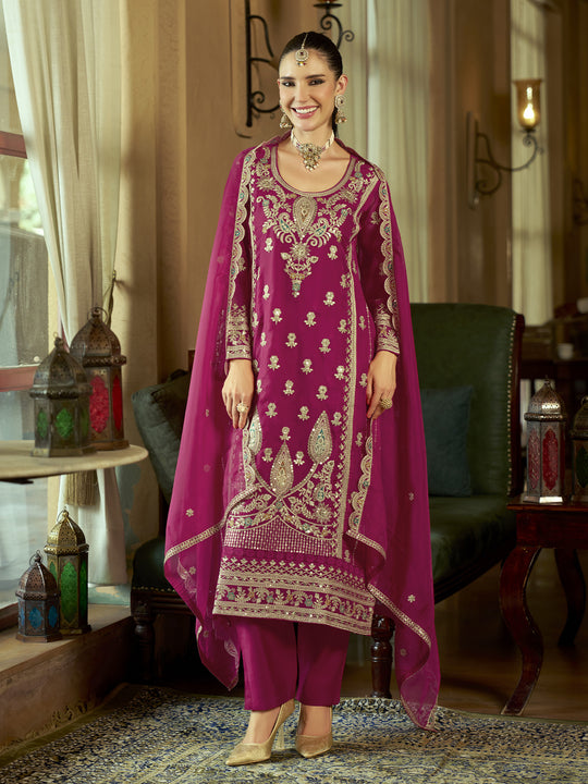 Indo Era Pink Embroidered Straight Kurta Trousers With Dupatta Set