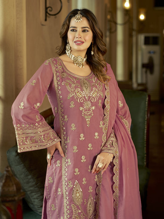 Indo Era Peach Embroidered Straight Kurta Trousers With Dupatta Set