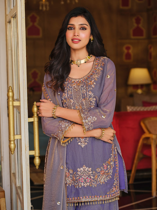 Indo Era Purple Embroidered Straight Kurta Palazzos With Dupatta Set