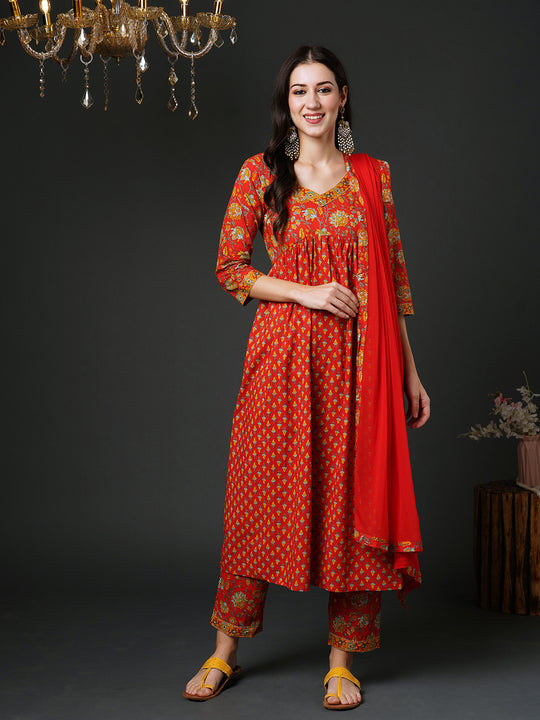 Indo Era Red Printed A-Line Kurta Trousers With Dupatta Set